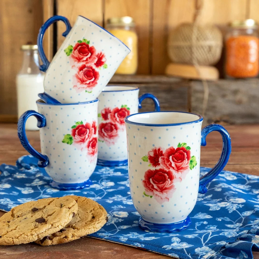 Heritage Floral 4-Piece Mug Set Vintage Coffee Tea Cups Dishwasher Microwave Safe Stoneware Charming Gift Kitchen Essentials