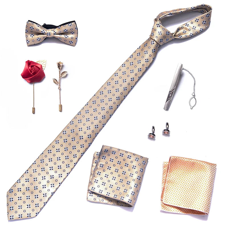 Men’s Novelty Silk Tie Gift Set. Necktie, Pocket Square & Accessories