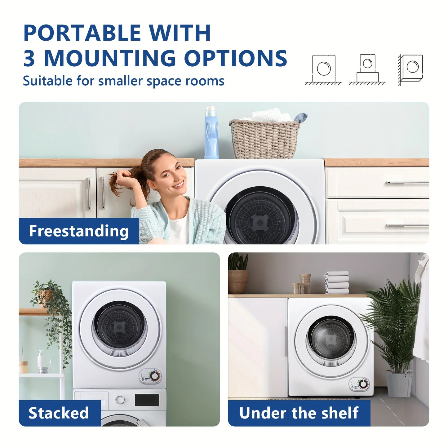 ICYGLEE 110V Portable Laundry Dryer with Stainless Steel Drum, Compact Electric Dryer 1.5/1.85 Cu.ft Front Load, Ideal for Apartments, RVs, And Dorms, White, User-friendly Controls