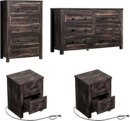 4 Pieces Farmhouse Bedroom Furniture Set, 1 X 5 Drawer Dresser, 1 X Rustic 6 Drawer Storage Dresser, Nightstand Set of 2 with Ch