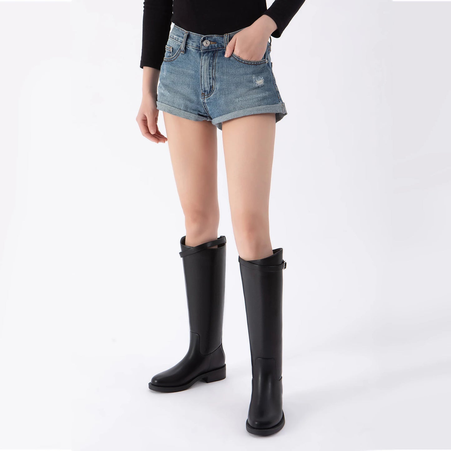 Athlefit Women's Knee High Riding Boots Round Toe Low Heel Tall Boots Pull On Long Booties with Buckle