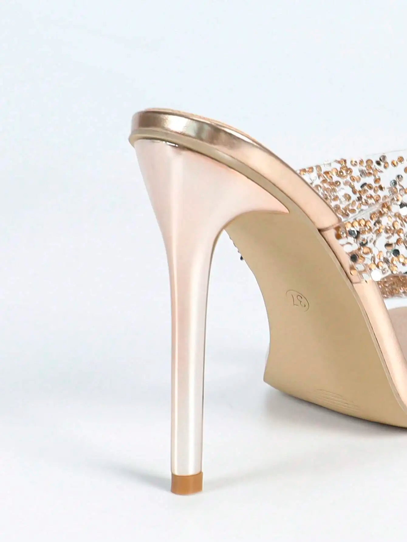 Women Champagne Metallic Stiletto Heel Jelly Sandals With Rhinestones Double Strap Slip-On Square Toe