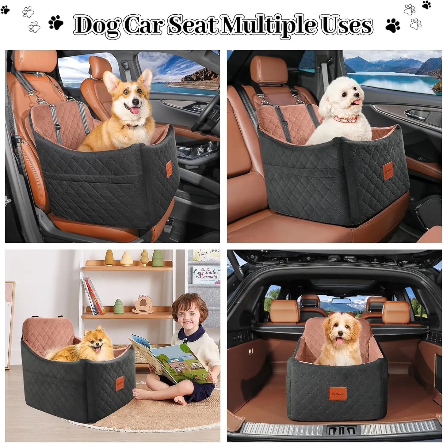 Memory Foam Dog Car Seat for Small/Medium Pets, Washable Cover with Storage Pockets, Up to 35 lbs