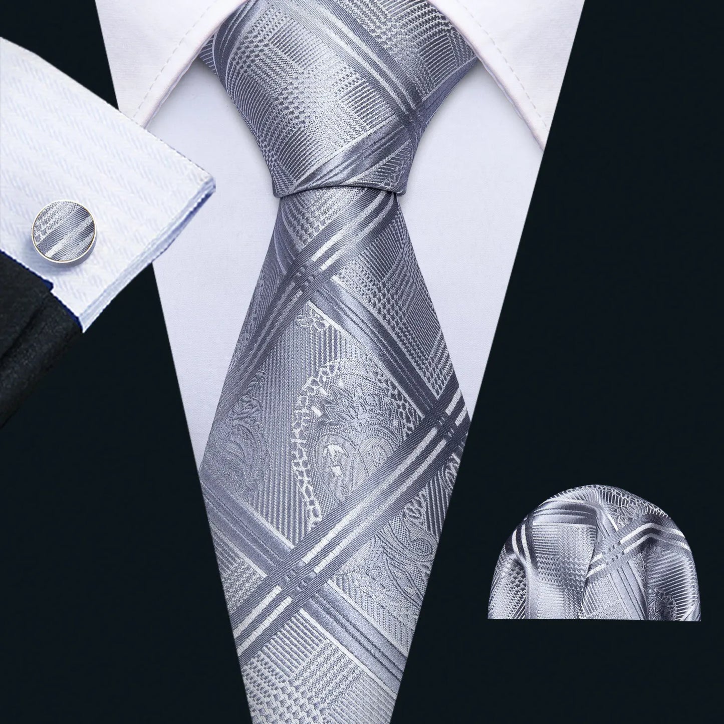 Luxury Men’s Silk Necktie Gift Set with Pocket Square, Cufflinks & Tie Clip