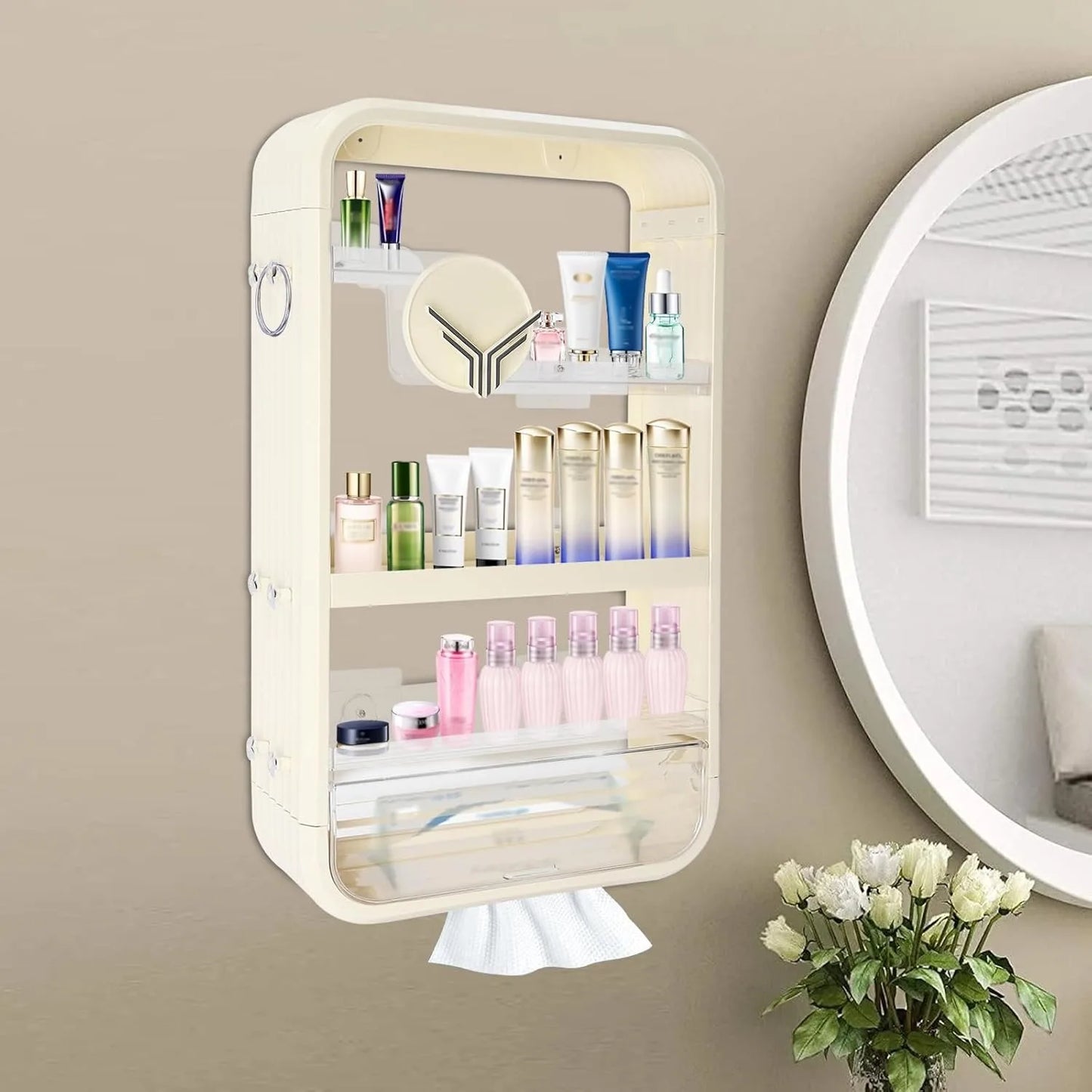 Wall Mount Makeup Organizer With Tissue Hole No Drilling