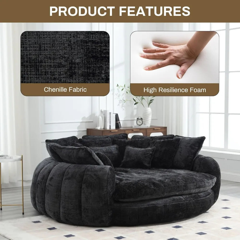 Oversized Round Chaise Lounge, Plush Lazy Bean Bag Sofa with 14 Pillows, Comfortable Chenille Upholstered Barrel Sleeper Bed