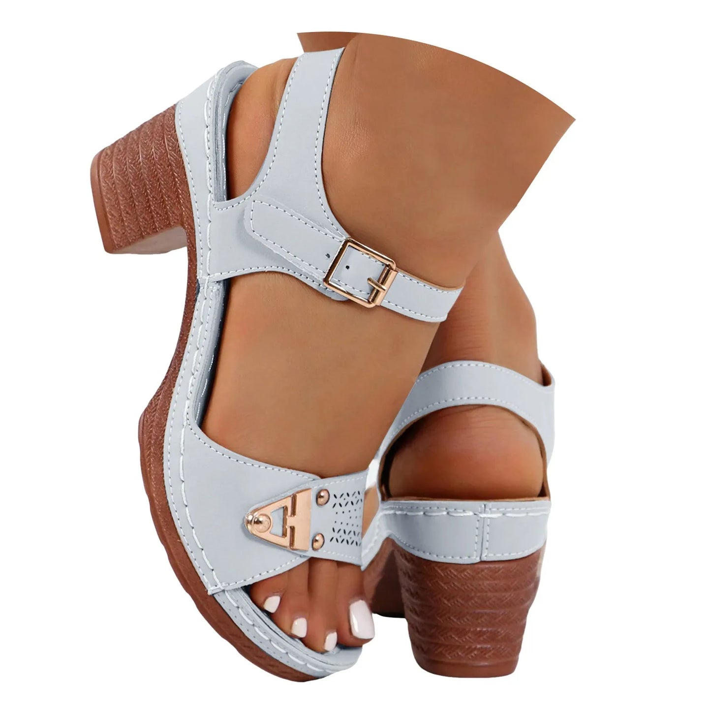 Young Girls' Fashion Sandals With Adjustable Buckles Multi-Strap Thick Medium Heel Solid Color One Line Sandals For Women Sexy