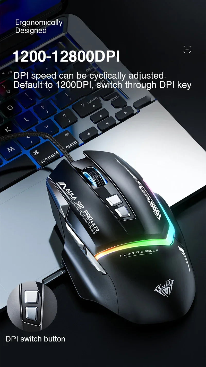 AULA S12Pro RGB Gaming Mouse .12800 DPI High-Speed Wired Mouse with Low Latency Performance