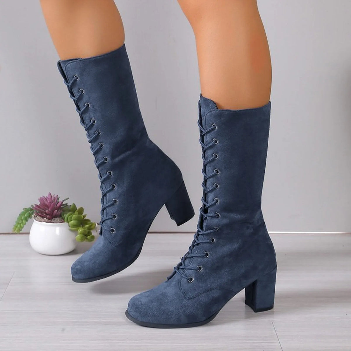 Women’s Lace-Up Mid-Calf Boots | Chunky Heel Fashion Boots