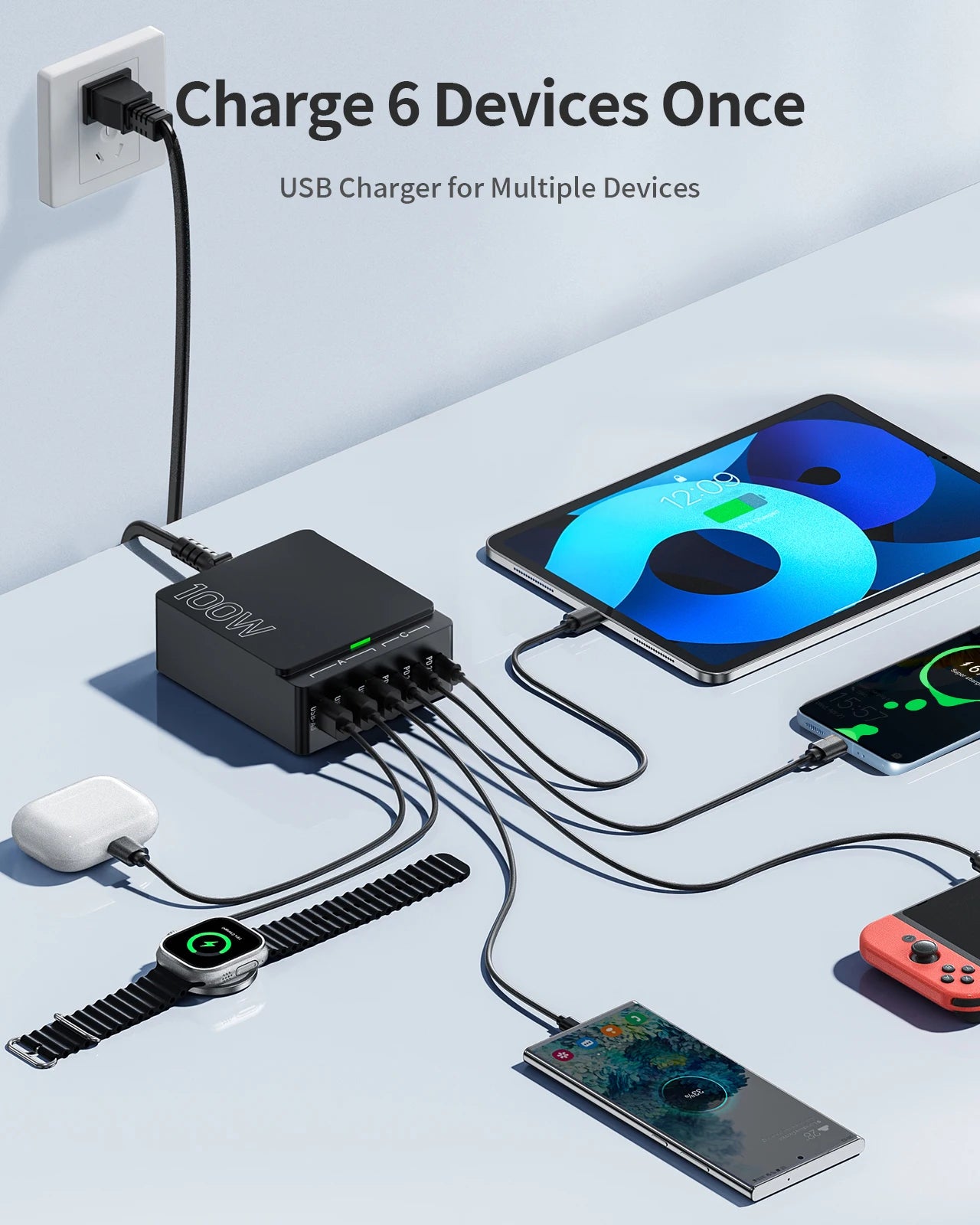 100W GaN 6-Port Fast Charging Station.USB-C & USB-A PD 3.0 Quick Charge Desktop Charger for iPhone, Samsung, iPad, MacBook & More