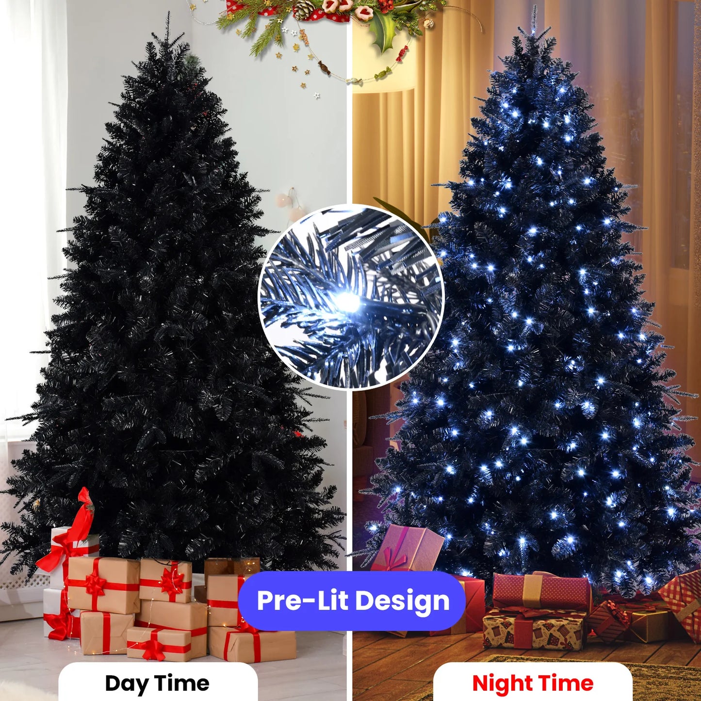 7FT Pre-Lit Black Artificial Christmas Tree with 450 LED Lights . Luxury Holiday Décor