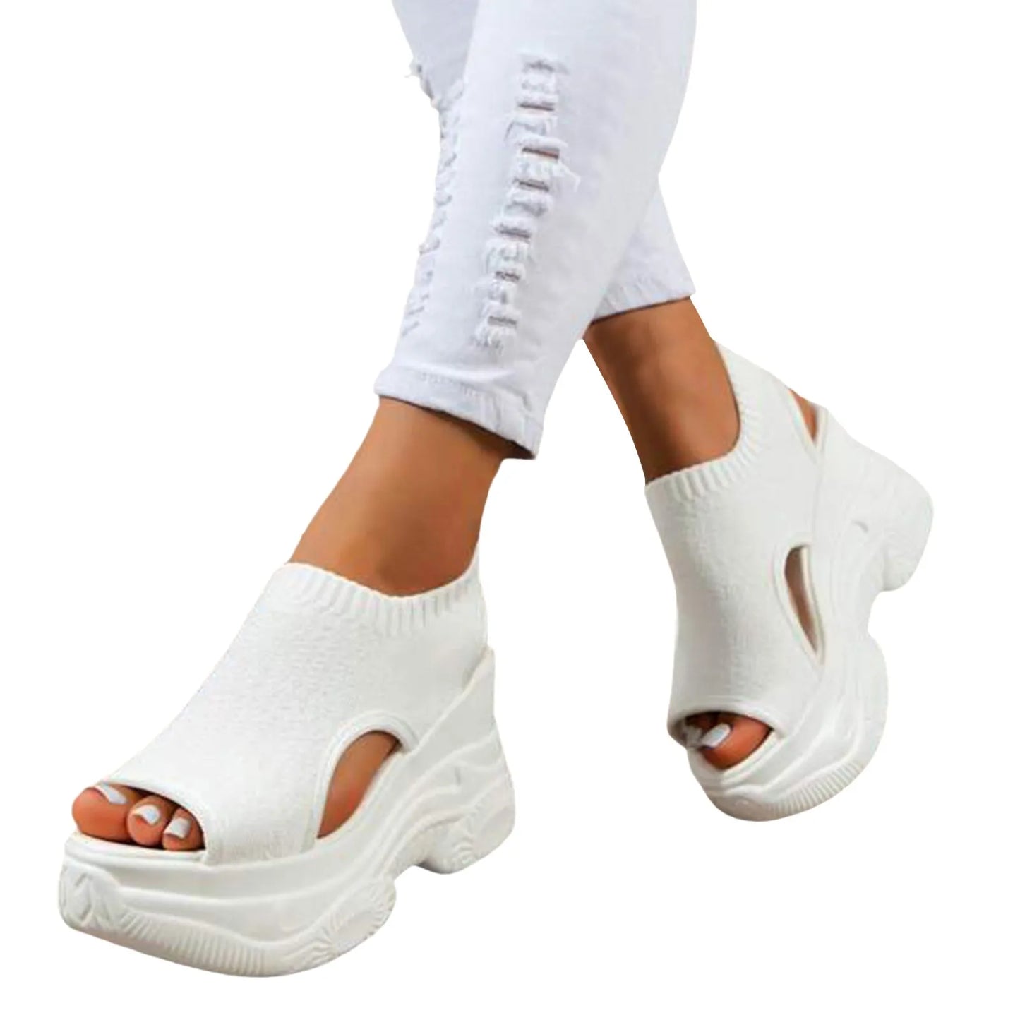 Thick Soled Sandals For Women Summer Mesh Breathable Peep Toe Sloping Heel Sandals Plus Size Sports Walking Mesh Flat Shoes