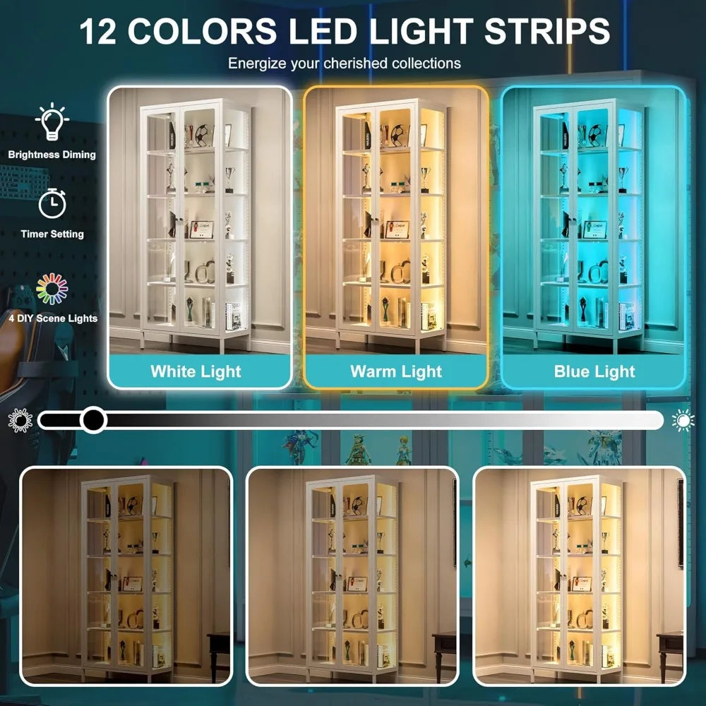 5 Tier Glass Display Cabinet with 12 Color LED Lights, 67" Lighted Curio Cabinet with Glass Doors & Adjustable Shelves, Tall Met