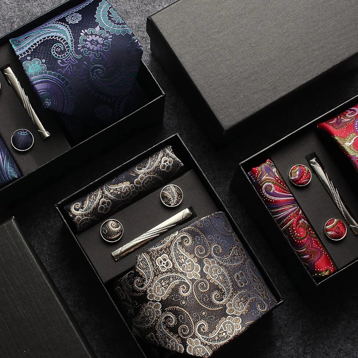 Luxury 100% Silk Paisley Floral Men’s Necktie Set | Business Tie with Matching Pocket Square & Formal Accessories