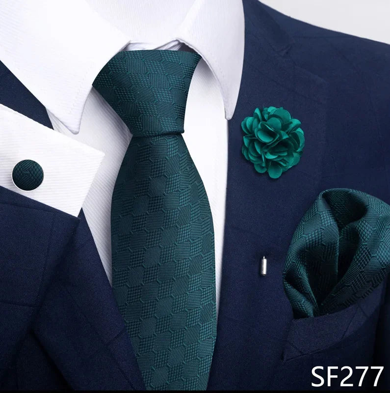 Luxury Green Floral Men’s Necktie Set .Tie, Pocket Square & Cufflinks