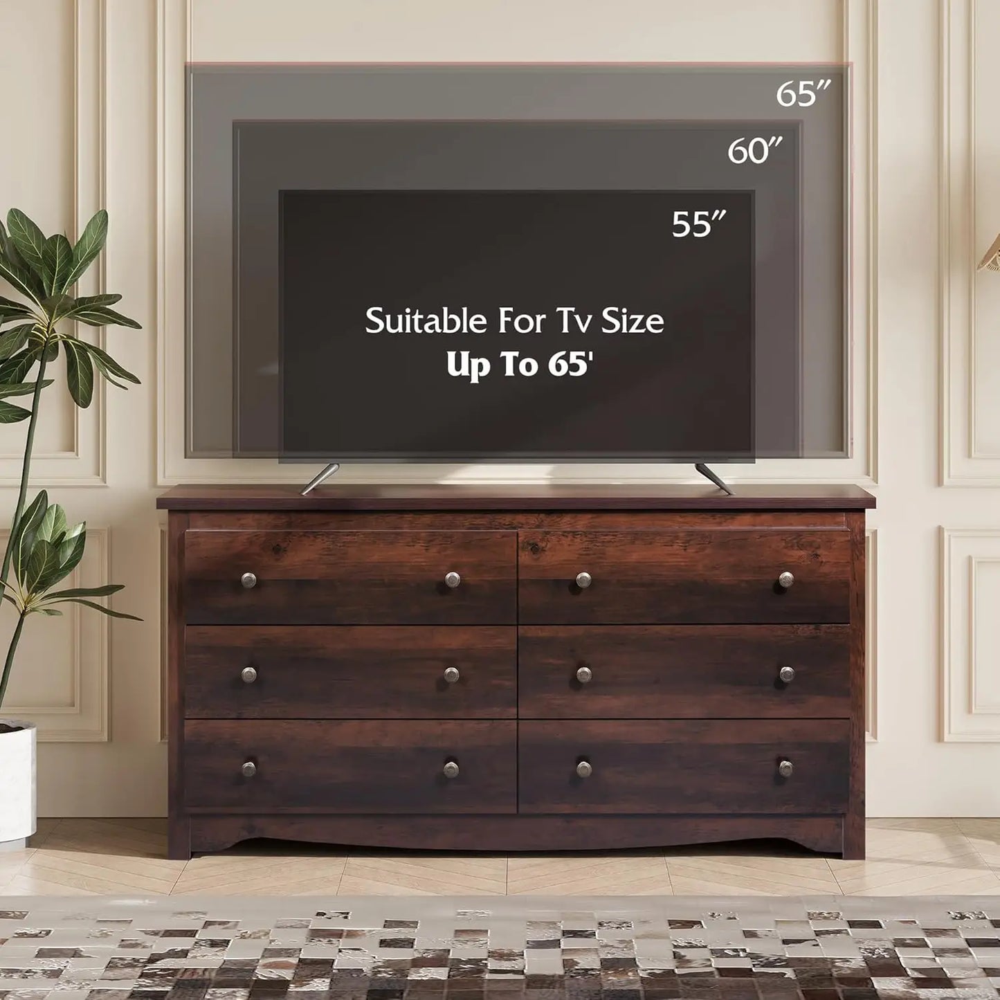 Wood Dresser with 6 Drawer Wide Chest of Drawers for Bedroom Long Nightstand with Drawers Modern Large Storage Tower Unit Closet