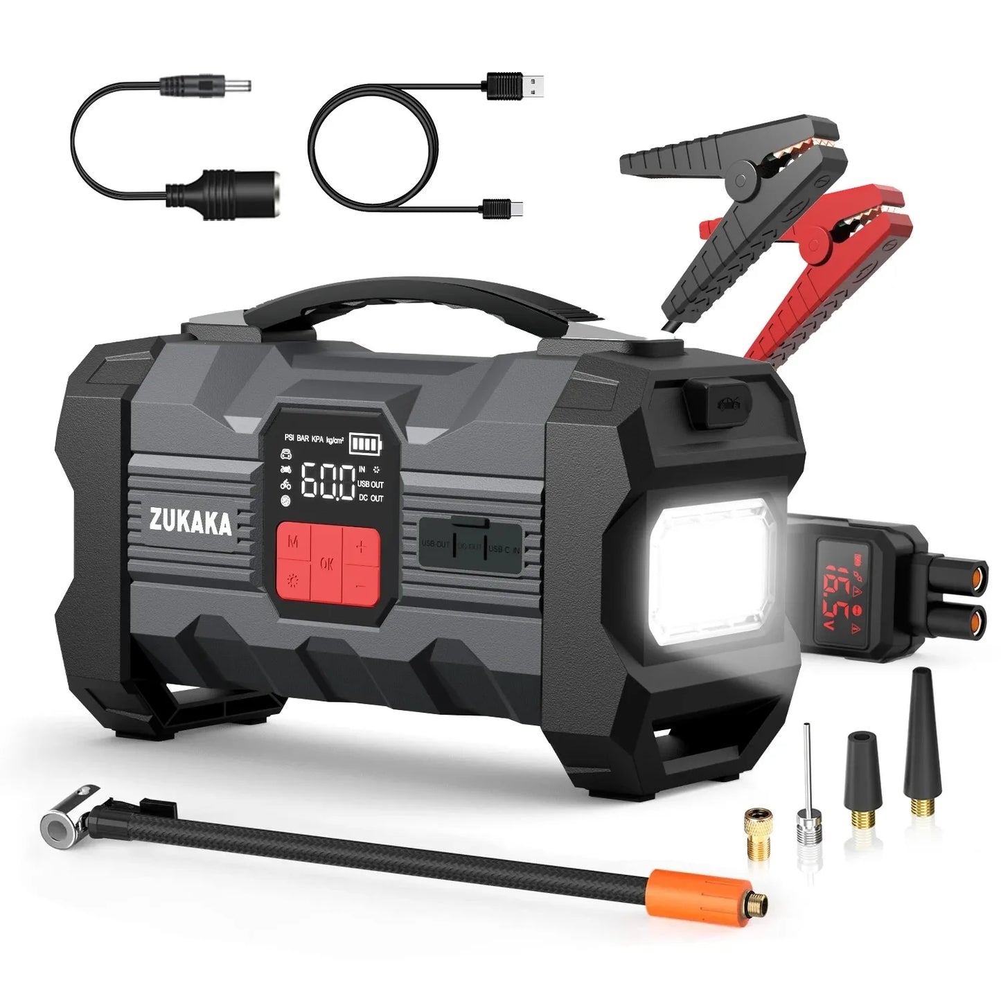 26800mAh Jump Starter with Air Compressor 1000A/1500A PEAK  Booster Tyre Inflator Portable Car Battery Power Bank Charger Air Pump,with LCD Display, Jump Starter Power Bank  (All Gas/ 8.0L Diesel), LED Light, Design for Cars,