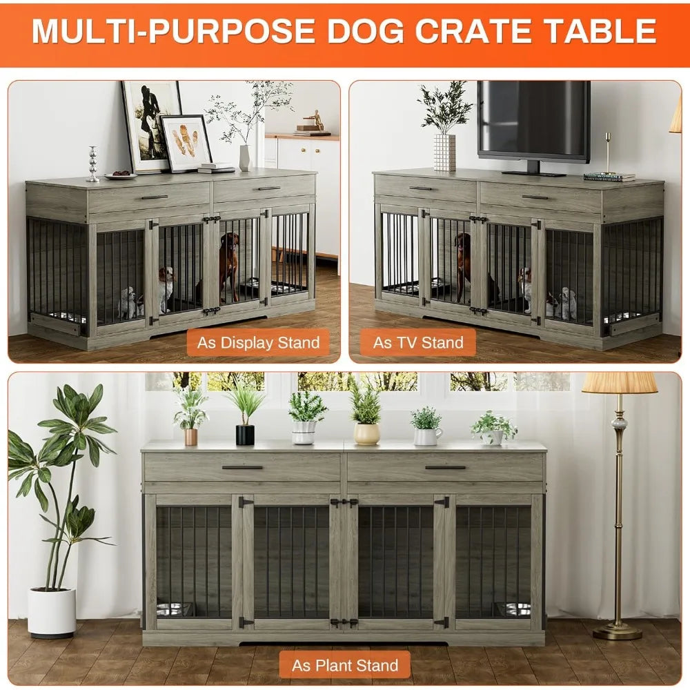 72" Dog Crate Furniture for 2 Dogs, Large Dog Kennel Furniture with 2 Storage Drawer and Removable Divider, Wooden Dog Cage wit