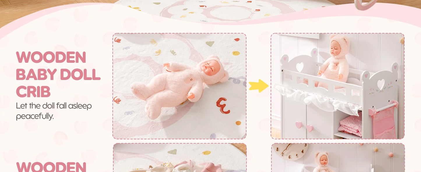 Robotime Robud Doll Crib Changing Table Wooden with Storage Bedding Hooks Fits 18-21" Baby Dolls Pretend Play Gift for Girls