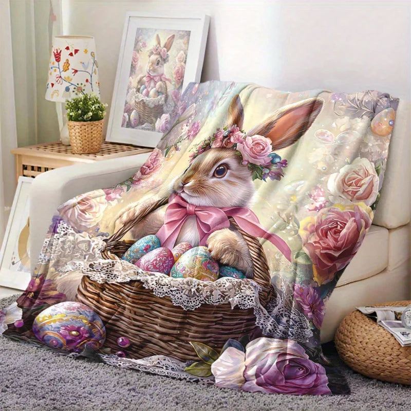 Easter Bunny Floral Egg Print Flannel Throw Blanket Soft Warm Cozy Blanket for Sofa Bed Travel Gifts
