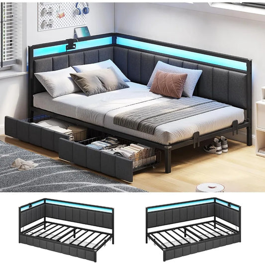 Hasuit Corner Bed Frame with Storage Drawers, Twin Daybed with Line Fabric Upholstered Fence, Kids Bed Unit with LED Light and C