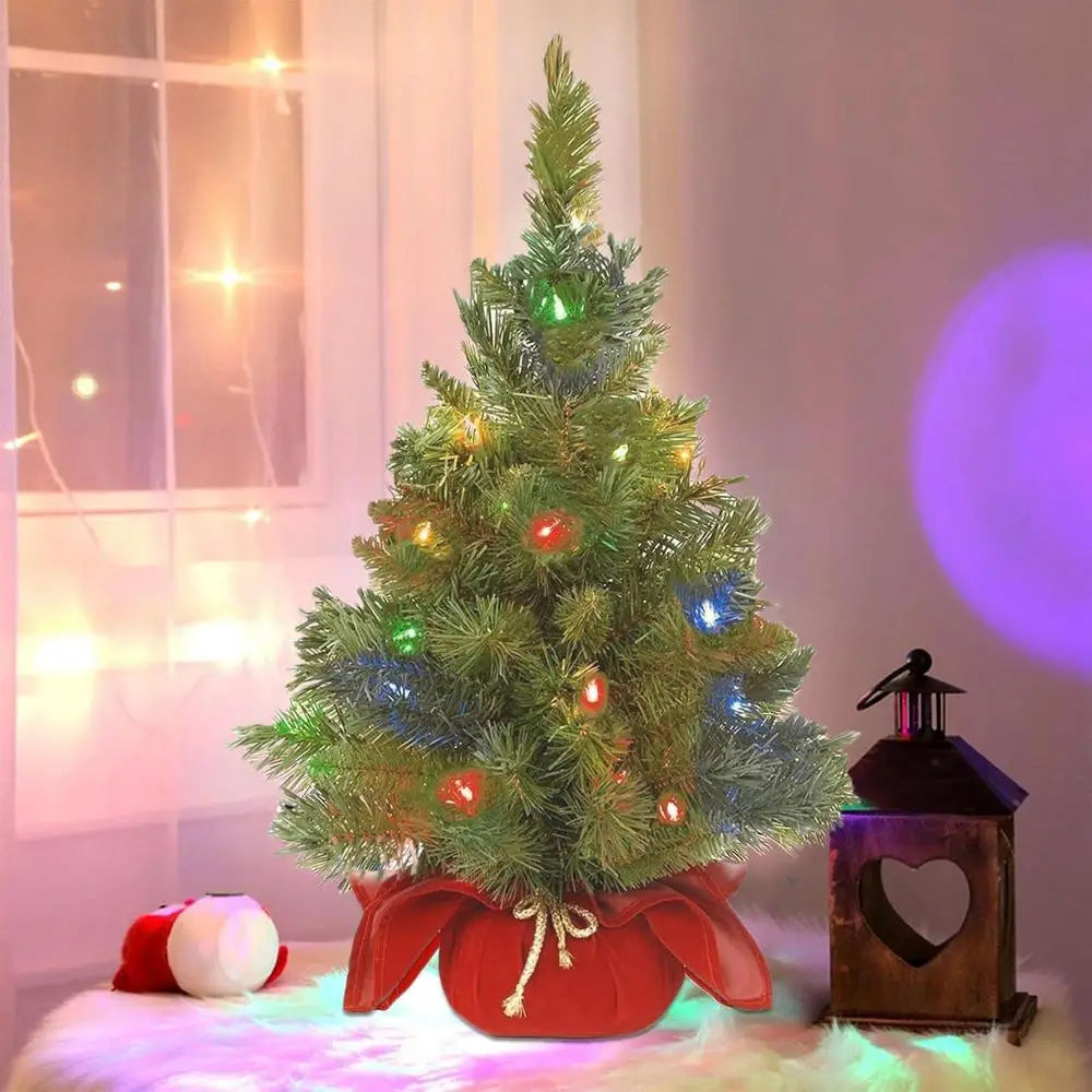 Pre-Lit Artificial Pine Christmas Tree . 60cm Mini Tabletop Christmas Tree with Warm LED Lights & Burlap Base