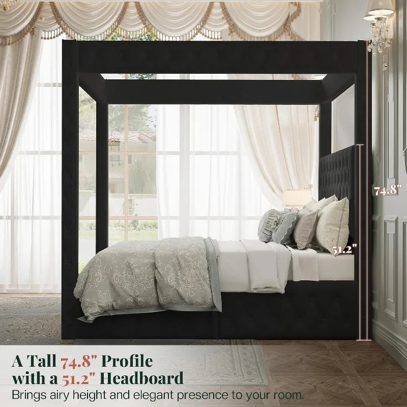 Velvet Upholstered Canopy Bed Frame with Padded Headboard