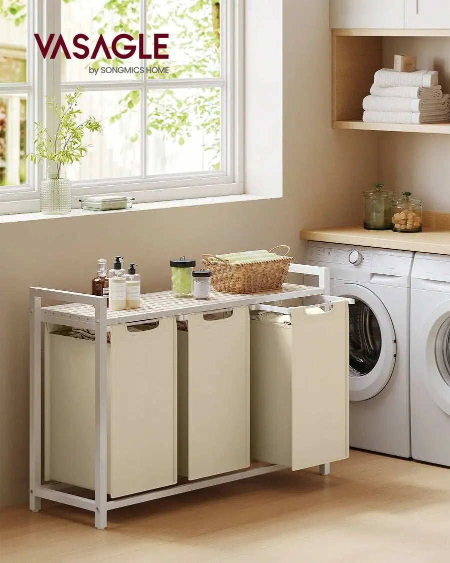 3-Section Laundry Sorter Hamper with Removable Bags & Pull Handles