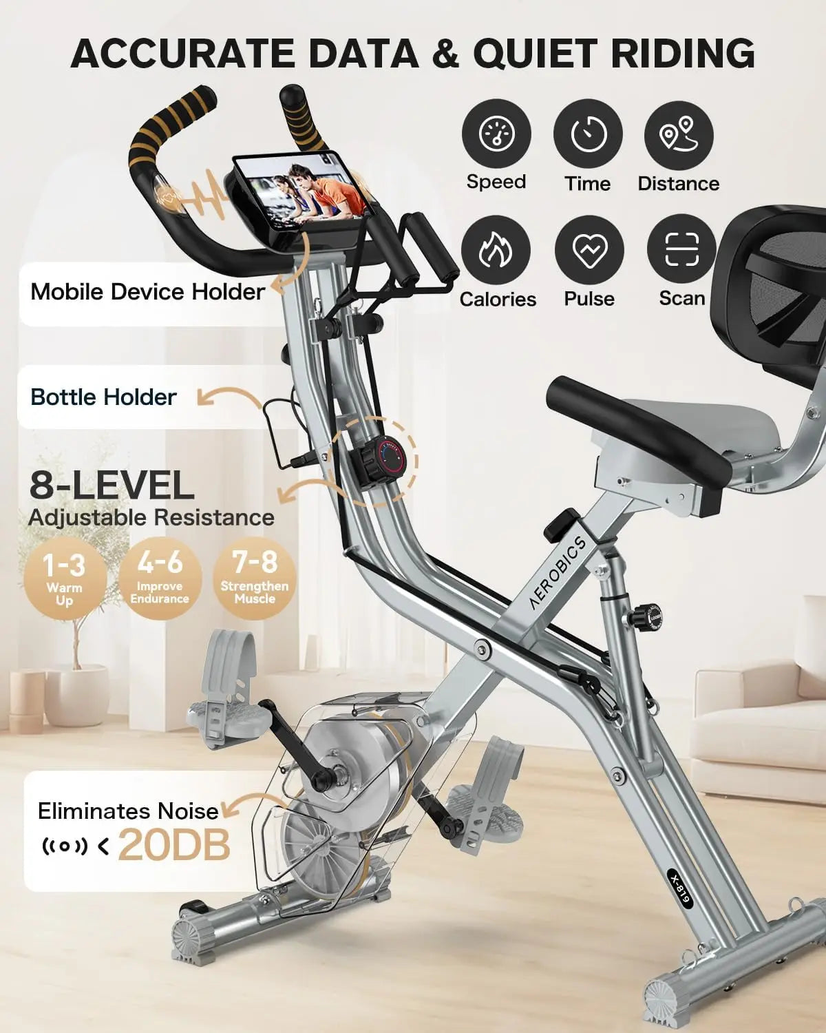 Folding Exercise Bike, Foldable Fitness Stationary Bike Machine, Upright Indoor Cycling Bike, Magnetic X-Bike with 8-Level Adjus