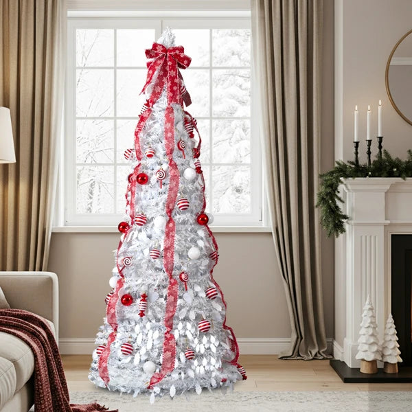 7 FT Fully Decorated Pre-lit Christmas Tree, Pop Up Artificial Xmas Tree with 170 Warm Lights and Red Ornaments for Home Office Store Holiday Deco, White