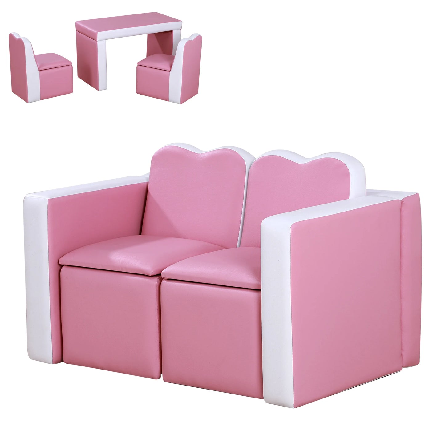 Kids Leather Sofa Armchair Multi-functional Table Chair Set Storage Pink
