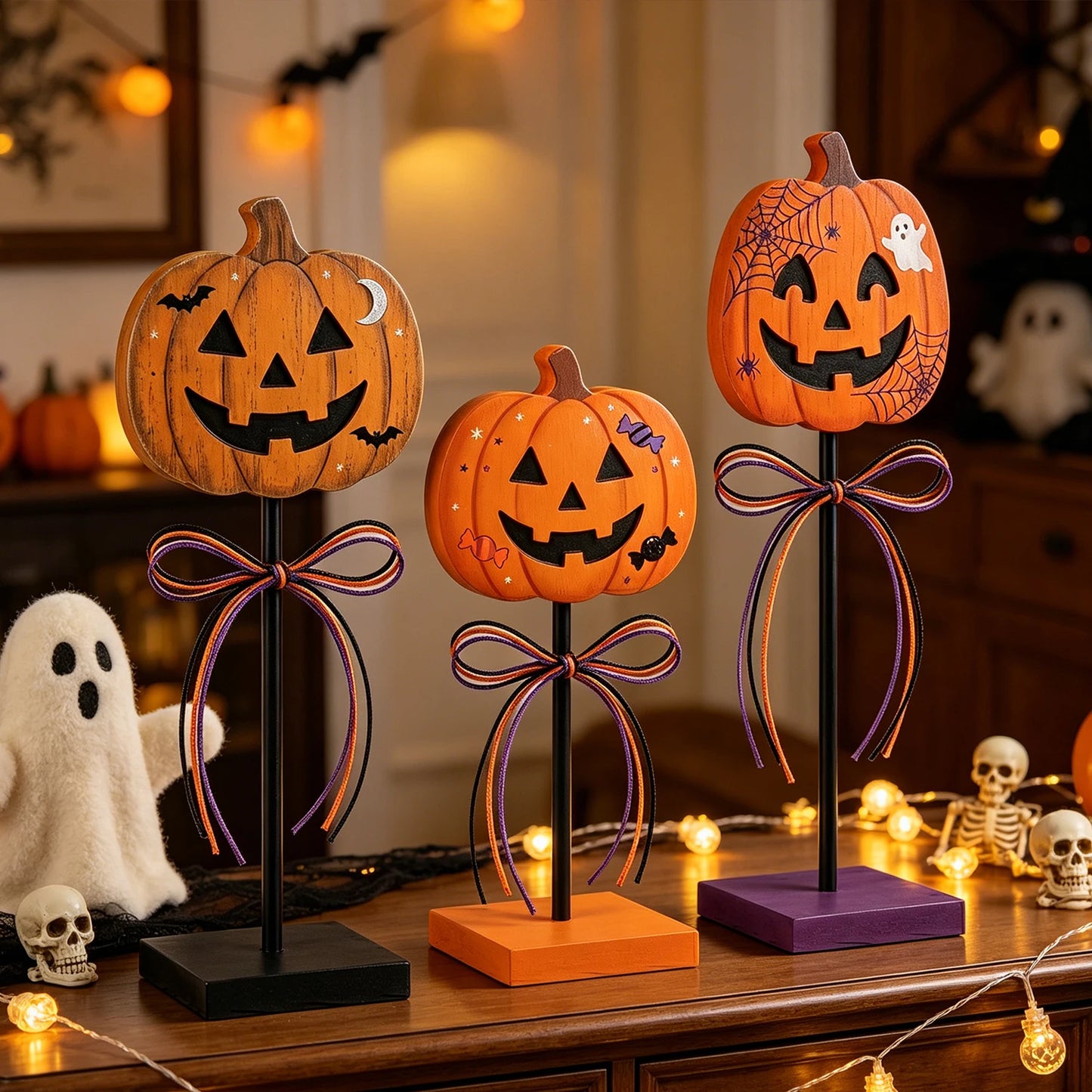 3-Piece Halloween Jack-O’-Lantern Tabletop Décor Set. Rustic Pumpkin Metal Stand Decorations for Fall & Halloween Home Déco