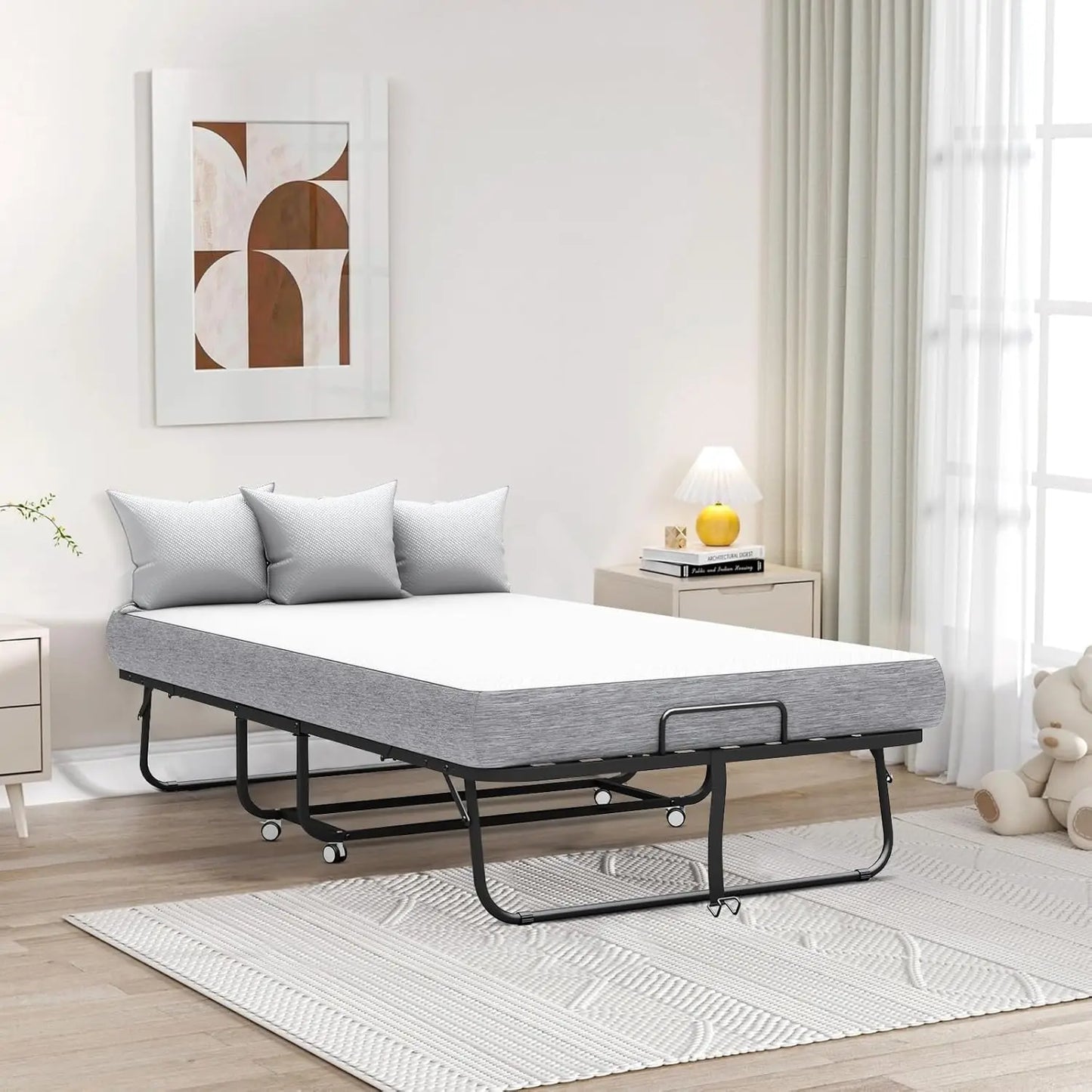 75''x46'' Folding Bed with Mattress for Adults, Large Size Rollaway Folded Bed for Guest, Sturdy Frame,Comfortable Sleep