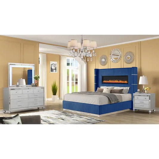 Modern Upholstery King 4-Piece Bedroom Set with Bed, Nightstand, Dresser, Mirror, and Fireplace in Blue Wood