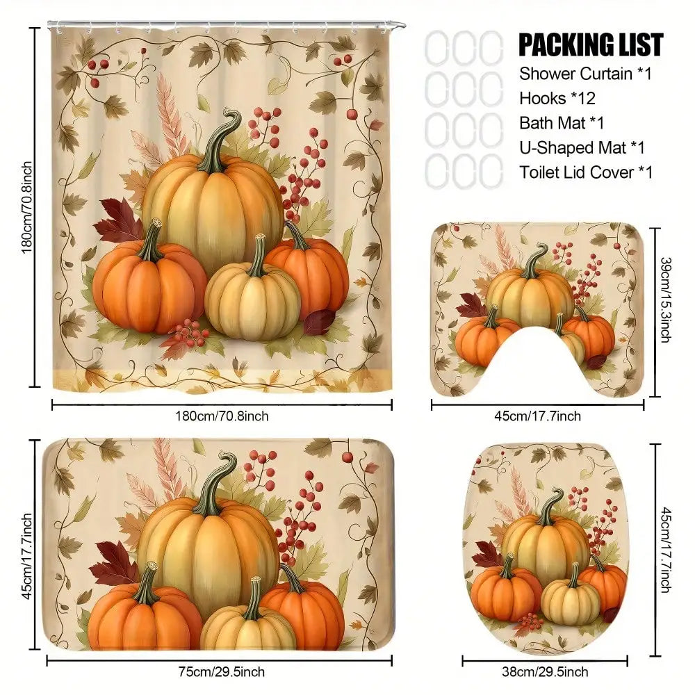4-Piece Fall Pumpkin Shower Curtain Set – Thanksgiving Bathroom Décor with Bath Mat, Toilet Lid Cover & Rug
