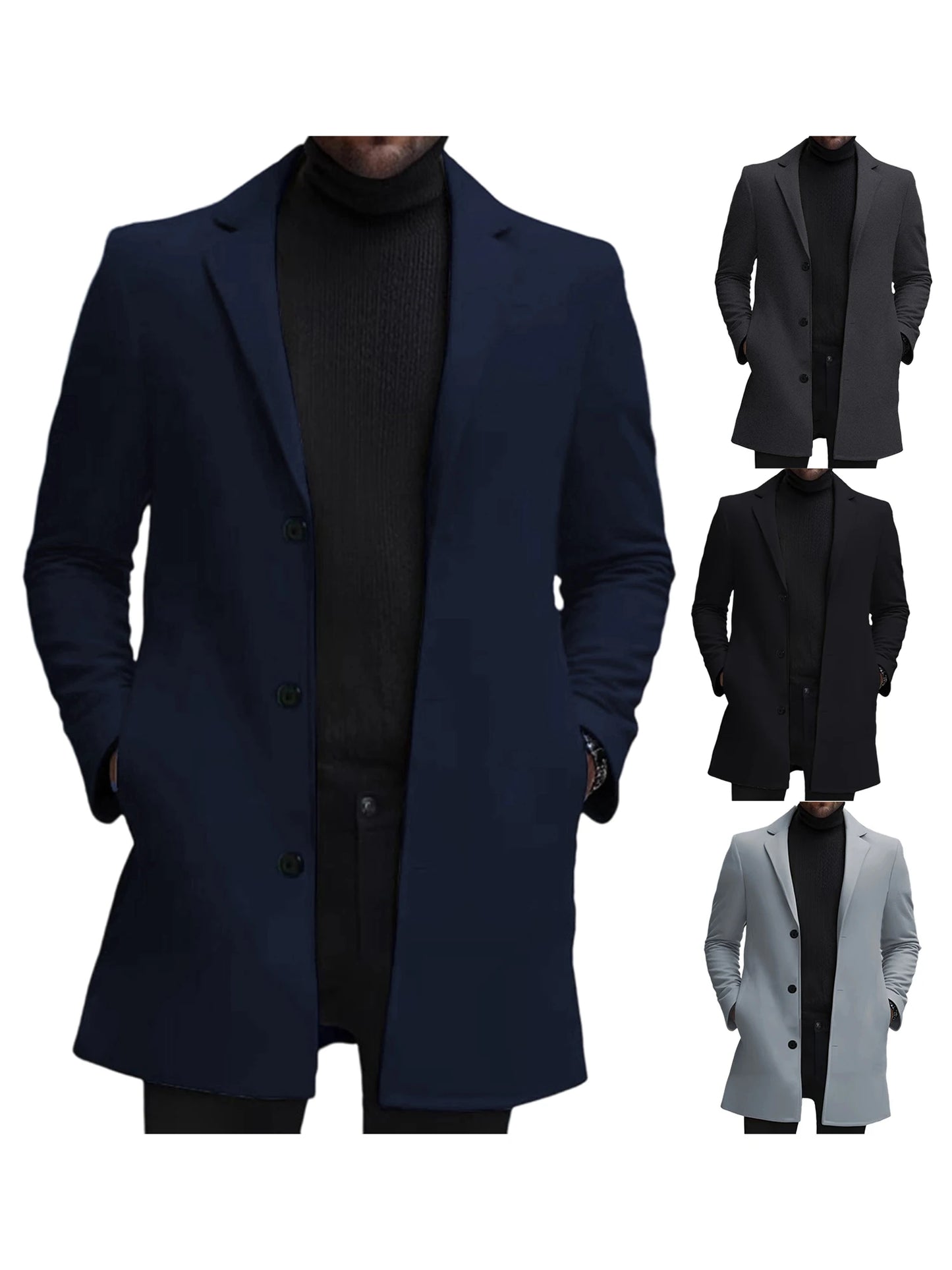 Men s Classic Wool Blend Pea Coat with Notched Lapel Collar and Single Button Closure - Stylish Mid-Length Winter Jacket for