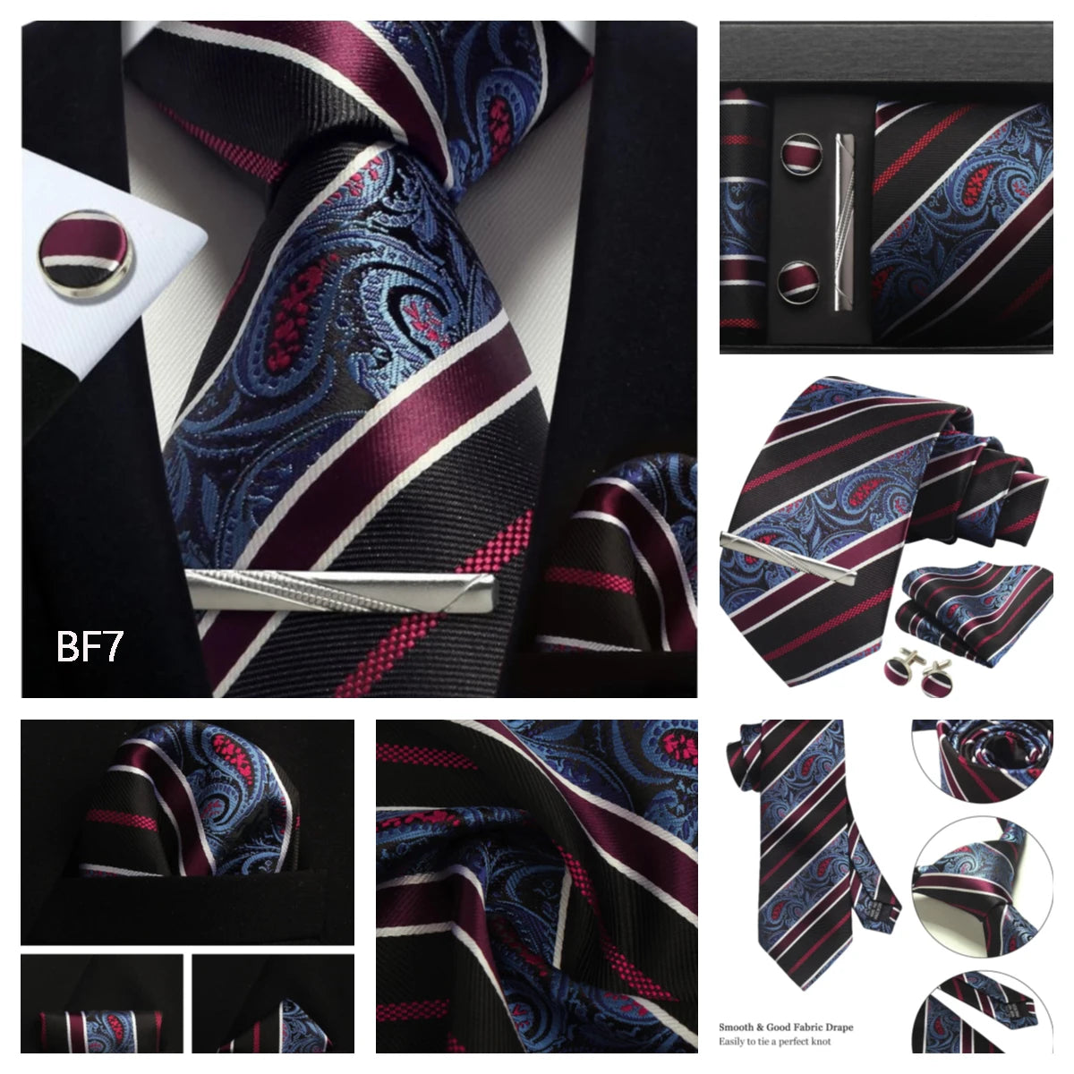 Luxury 100% Silk Paisley Floral Men’s Necktie Set | Business Tie with Matching Pocket Square & Formal Accessories