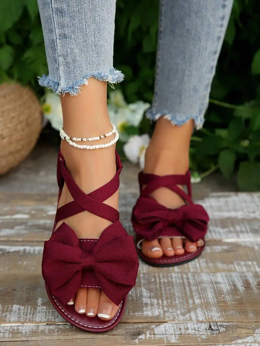 Plus Size Round Toe Criss Cross Bow Flat Sandals, Elastic Open Toe Beach Slippers Summer Casual Wear