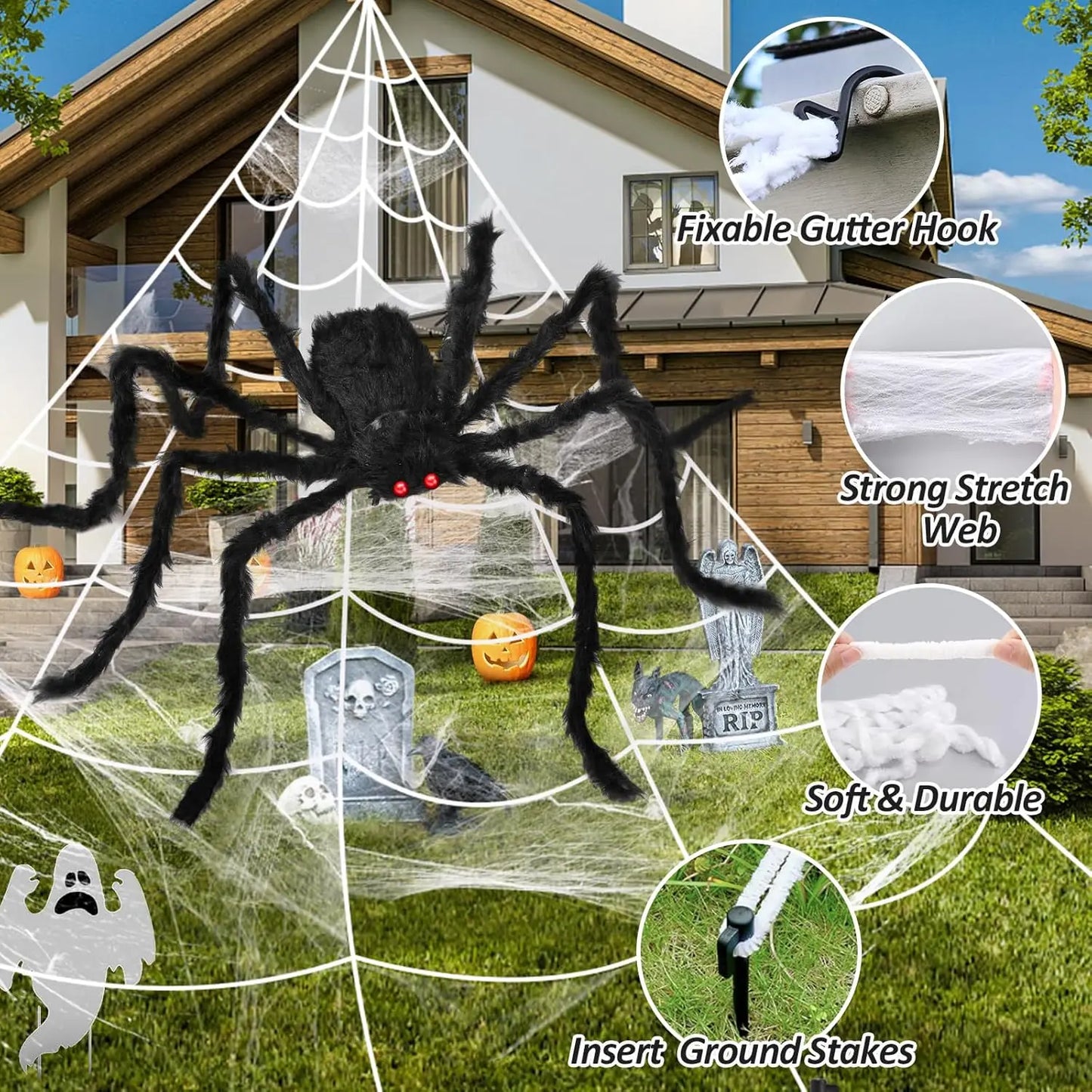 3pcs 212'' Halloween Spider Web 49" Halloween Decorations Stretch Cobweb Fake Spider for Indoor/Outdoor Yard Decorations Home