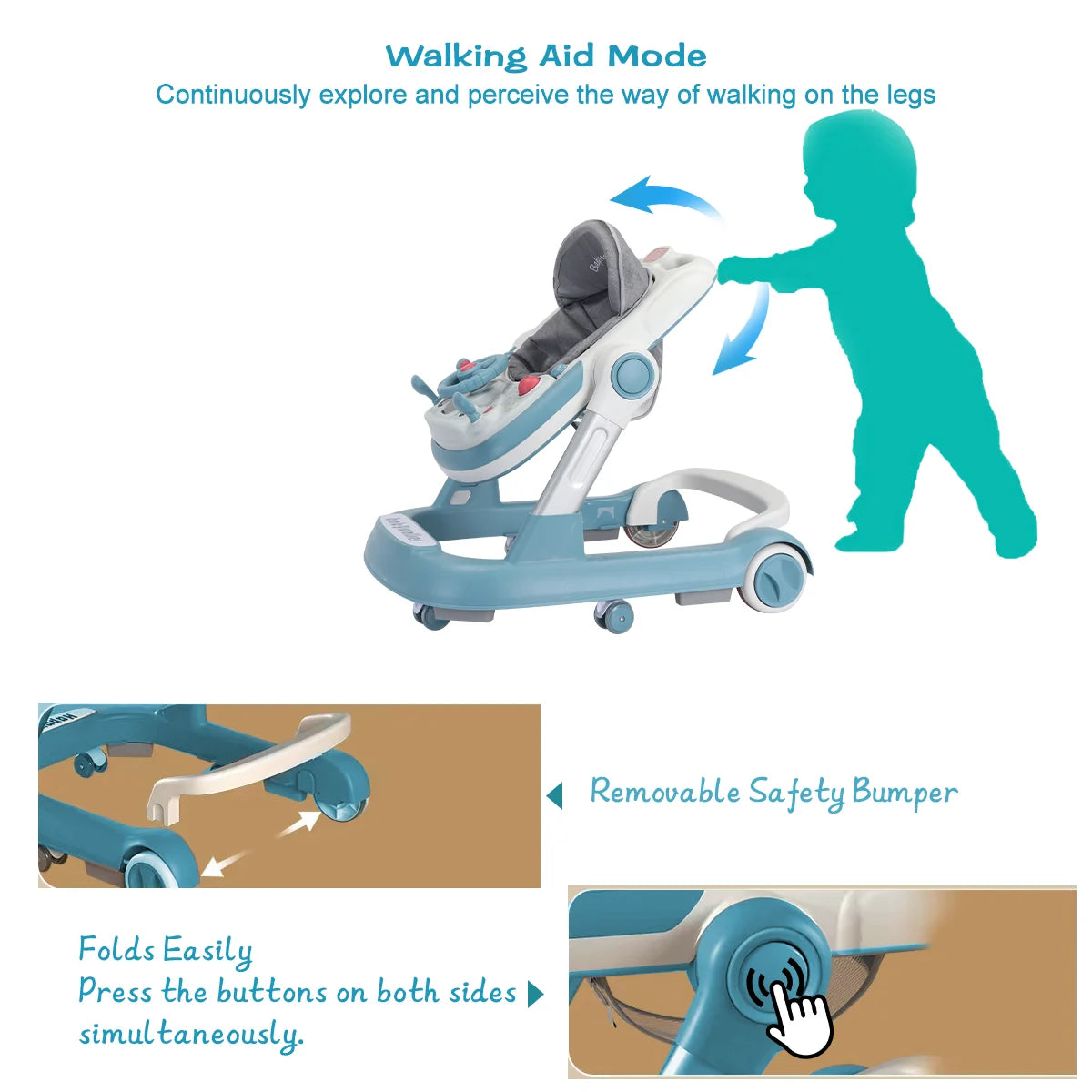 UBRAVOO Push Walker with Detachable Feeding and Music Trays, Foldable Learning Toy for Infants and Toddlers, 2 In 1 Walker