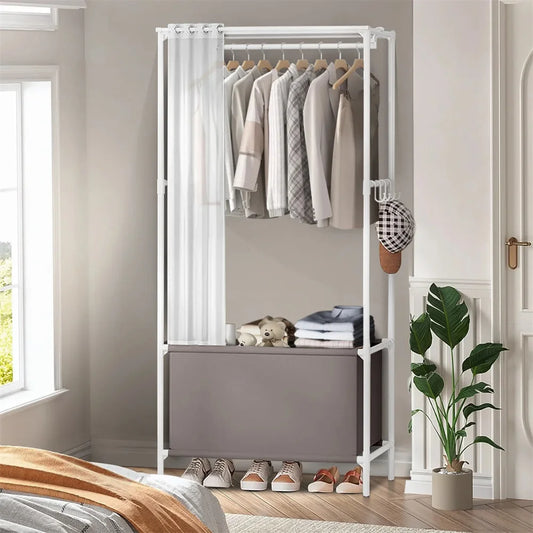 Portable Wardrobe For Bedroom Living Room Large Clothes Closet Storage Cabinet with Curtain Hanging Rack Shelving Home Gray