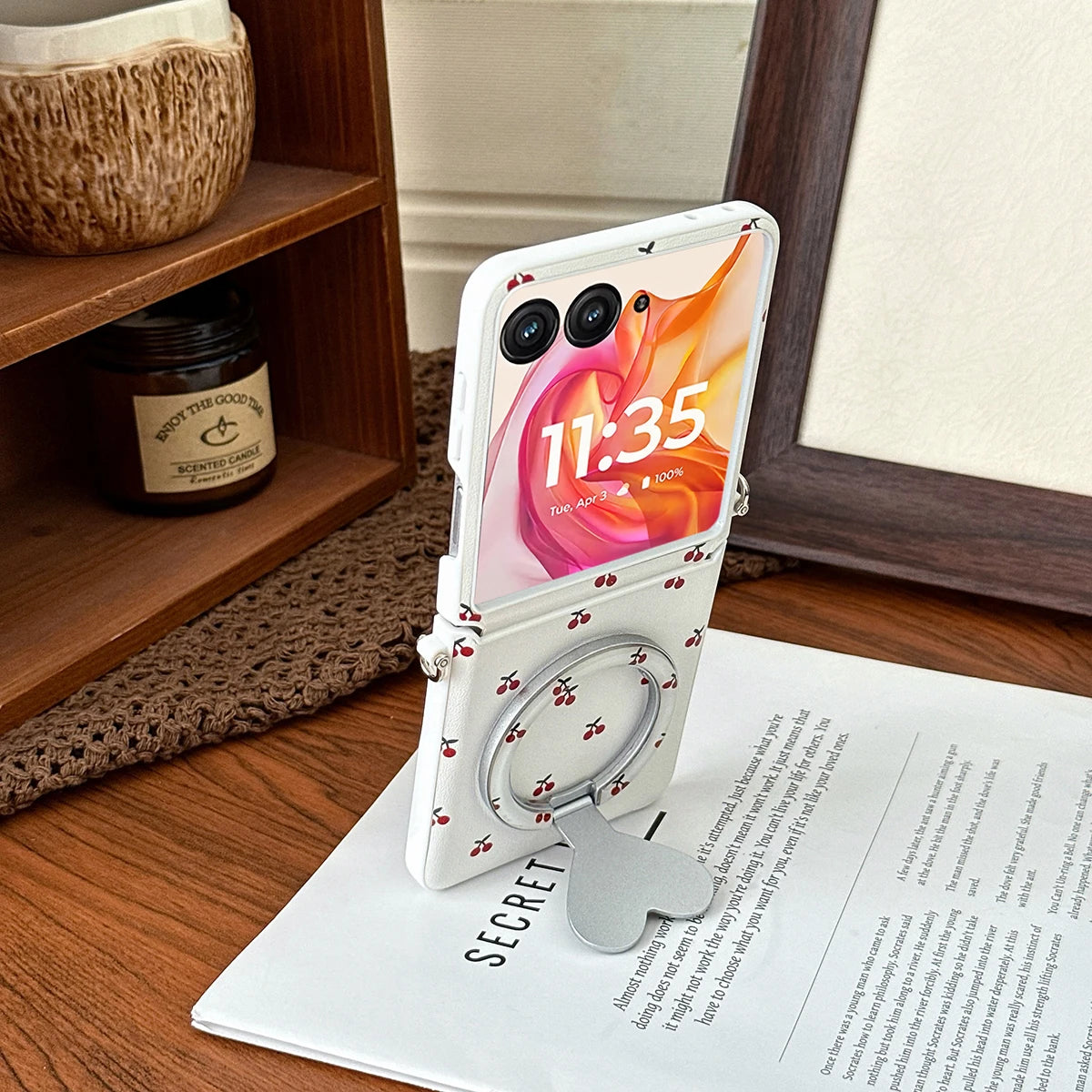 Cherry Print Magnetic Phone Case with Detachable Wrist Strap