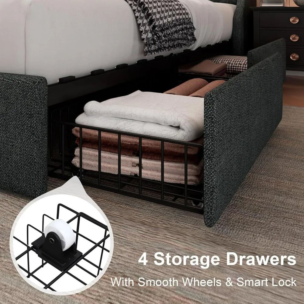 "king-size upholstered bed with 4 storage drawers, tufted wingback headboard and built-in charging station"