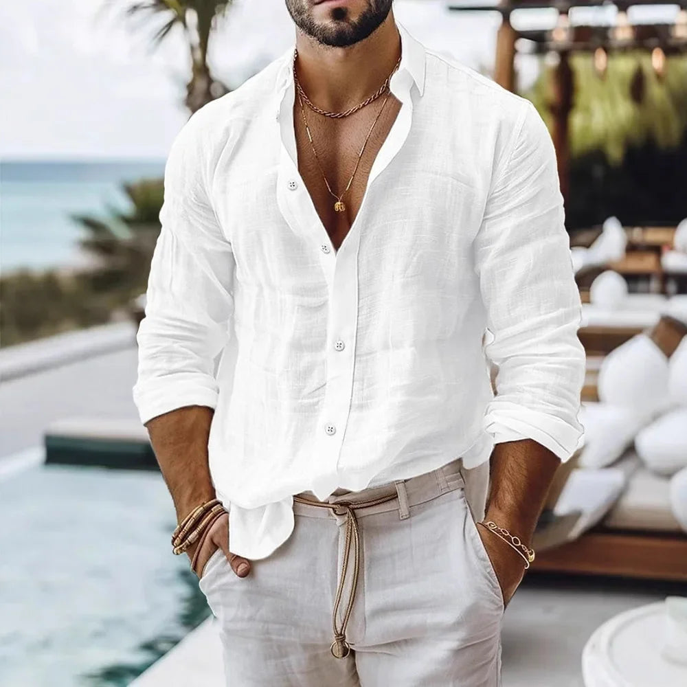 Men’s Summer Cotton Linen Beach Shirt .Casual Relaxed Fit Button Up