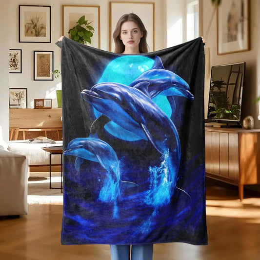 Jumping Dolphin Flannel Throw Blanket - Suitable for Sofa, Bed, Travel, Camping, Living Room, Office - Christmas and Halloween