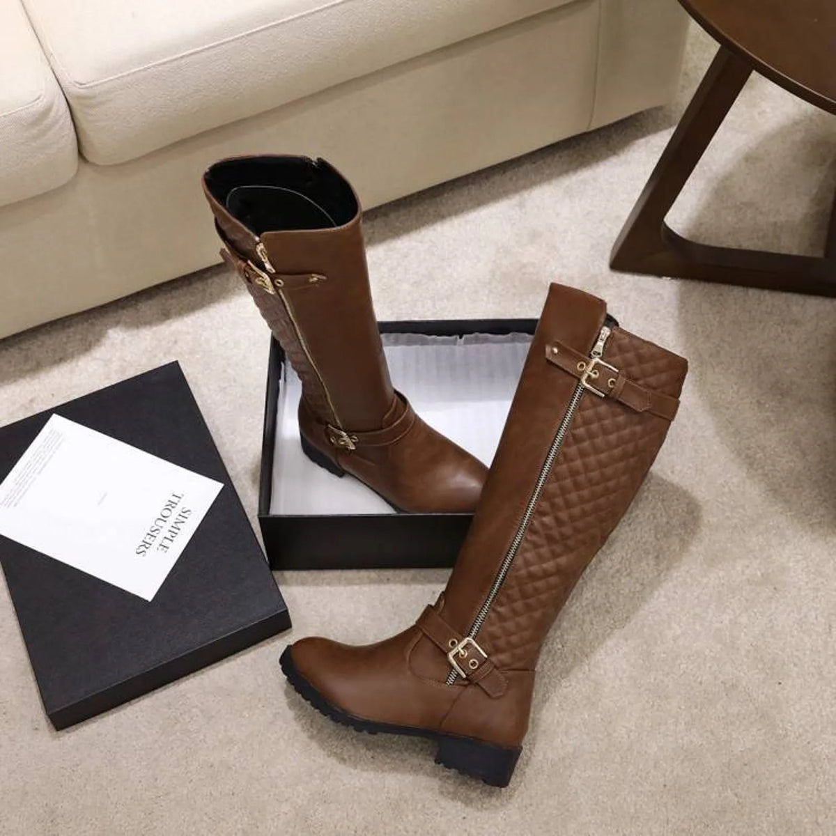 Women’s Knee-High Riding Boots | Buckle Detail Low Heel Boots