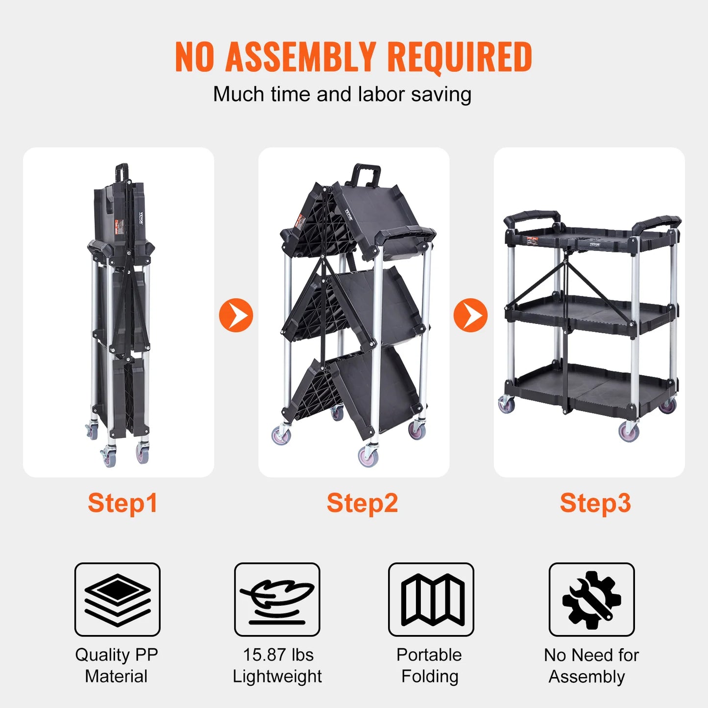 SucceBuy 3-Tier Folding Rolling Utility Cart . Heavy-Duty Mobile Storage Shelf with Wheels for Laundry, Kitchen, Office & Home Organization