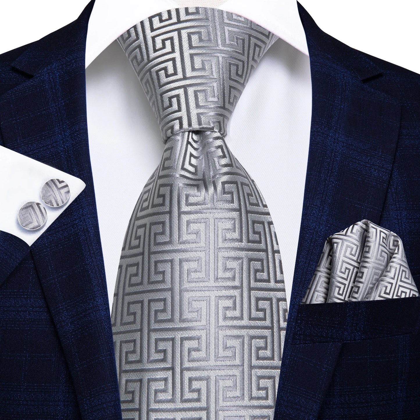 Hi-Tie Luxury Silver Men’s Necktie Set with Pocket Square & Cufflinks | Wedding, Business & Formal Events