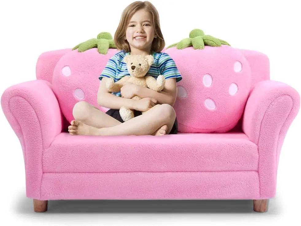 Toddler Couch with Strawberry Pillows, Kids Upholstered Loveseat, Coral Fleece, Wood Frame, Pink