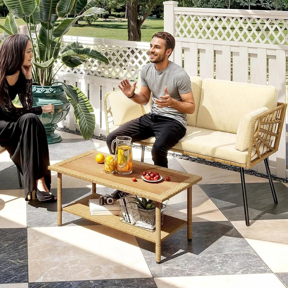 Outdoor Wicker Rattan Loveseat Set with Cushions and Side Table All-Weather Patio Furniture Comfortable Conversation Set